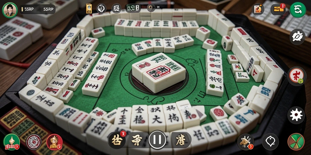 Screenshot gameplay Mahjong dari 55RP yang menampilkan ubin dan antarmuka permainan.