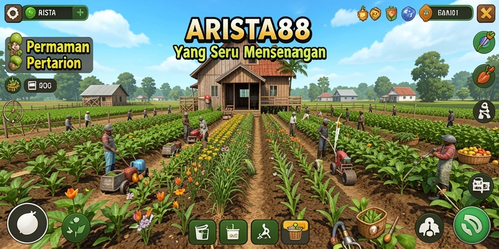 Tampilan gameplay ARISTA88 dengan aktivitas pertanian yang penuh warna.