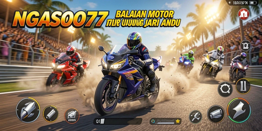 Tampilan gameplay seru NGASO77 dengan motor kencang di trek menantang.