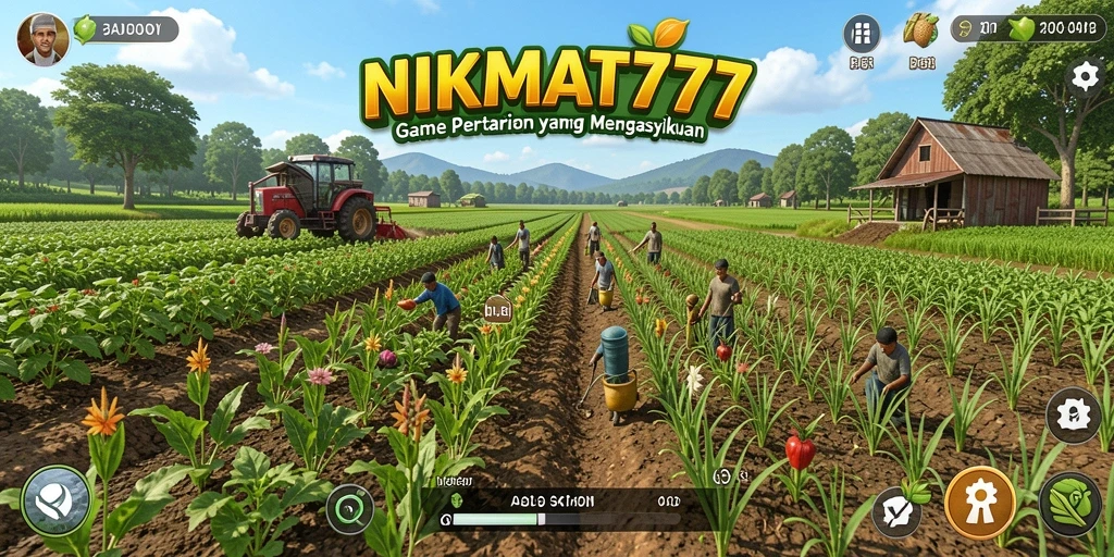 Tampilan screenshot gameplay NIKMAT777 menampilkan petani yang merawat kebun.