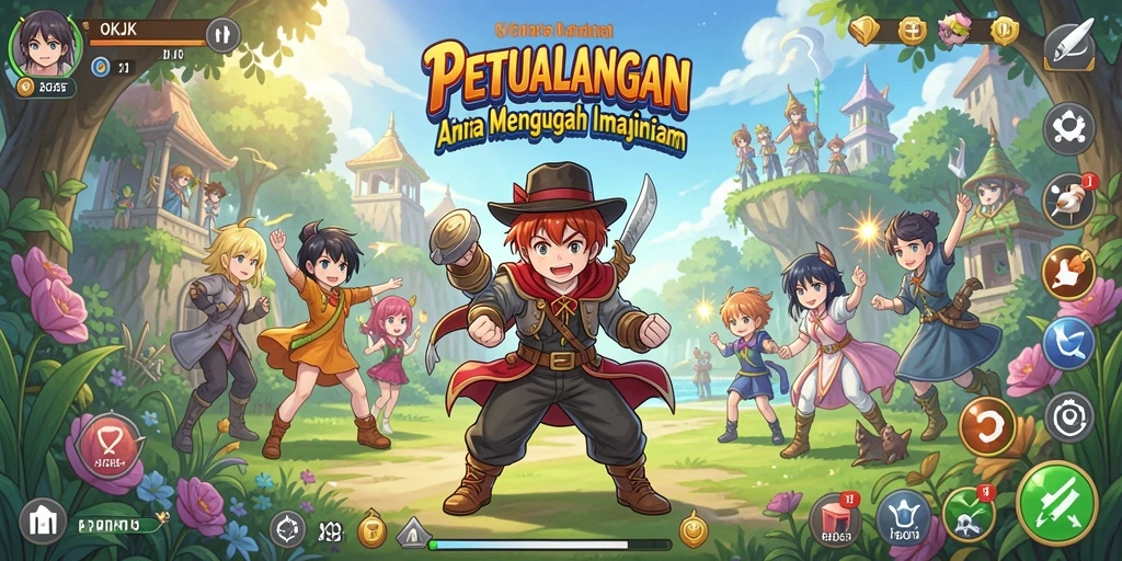 Screenshot gameplay yang mencolok dari OKJK dengan karakter anime.