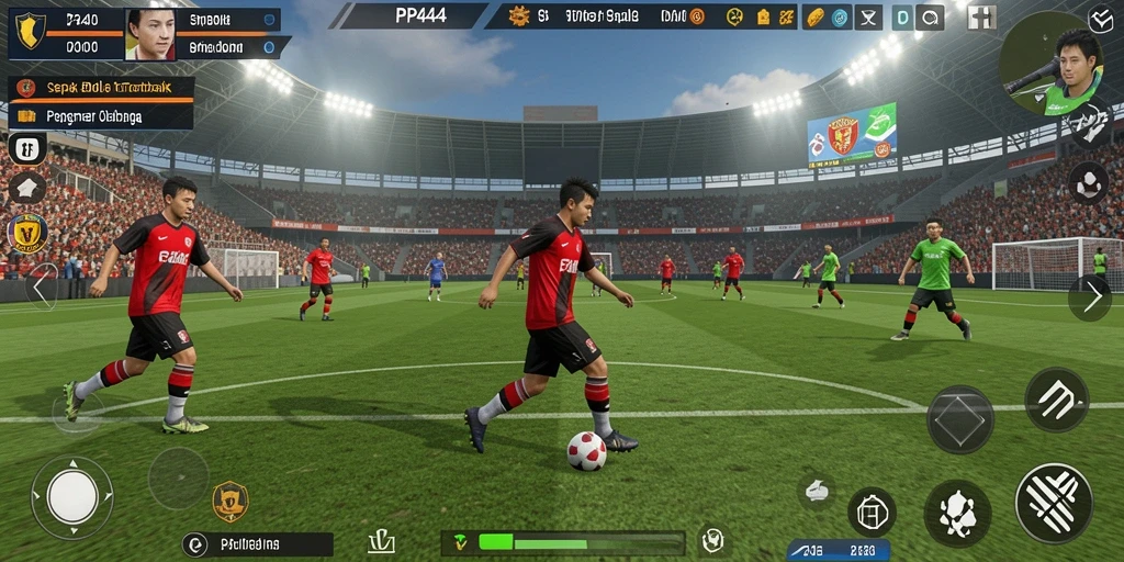 Screenshot PP444 menampilkan aksi seru di lapangan sepak bola.
