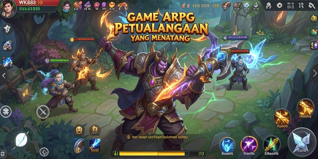 Tangkapan layar gameplay WK888 yang menunjukkan pertempuran epik di dunia fantasi.
